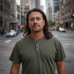 Ein Mann mit langen braunen Haaren und einem grünen Hemd steht mitten auf einer Straße in Berlin, möglicherweise ein Rechtsanwalt, mit Gebäuden und unscharfen Autos im Hintergrund.