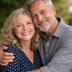 Lächelndes älteres Paar mit grauem Haar, das sich im Freien umarmt. Die Frau trägt eine marineblaue gepunktete Bluse, der Mann ein graues Hemd. Beide wirken glücklich und zufrieden, mit einem unscharfen grünen Hintergrund.