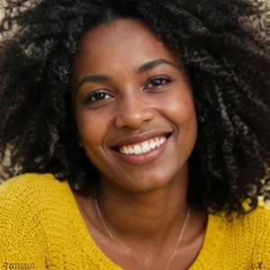 Eine Frau mit lockigem Haar lächelt warm in die Kamera. Sie trägt einen gelben Strickpullover und eine zarte Halskette vor einem neutralen Hintergrund - ihr selbstbewusster Blick spiegelt den Geist von UG online gründen wider.