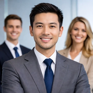 Ein selbstbewusster Mann in grauem Anzug und blauer Krawatte steht lächelnd im Vordergrund, während im unscharfen Hintergrund Kollegen in Geschäftskleidung zu sehen sind - eine professionelle Büroszene im Zusammenhang mit den Dienstleistungen von Kapitalerhöhung Notar.