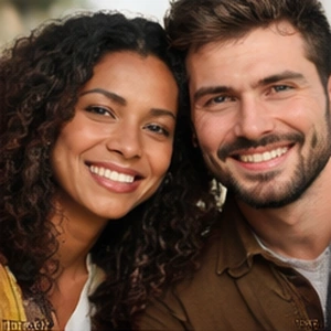 Eine lächelnde Frau mit lockigem Haar und ein Mann mit kurzen Haaren und Bart posieren eng beieinander im Freien, beide schauen in die Kamera - vielleicht feiern sie ihre Entscheidung für UG online gründen.