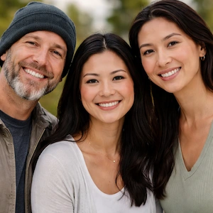Drei Erwachsene stehen im Freien dicht beieinander und lächeln in die Kamera. Ein Mann trägt eine Mütze und eine Jacke, während die beiden Frauen neben ihm - vielleicht besprechen sie mit ihrem Notar eine Liquidationsgesellschaft - lange dunkle Haare und legere Oberteile tragen. Im Hintergrund verschwimmen die Bäume.