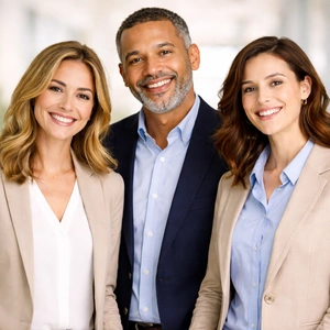Drei professionell gekleidete Personen - zwei Frauen und ein Mann - stehen in einem hellen, modernen Büro eng beieinander und lächeln in die Kamera, bereit, Ihnen zu helfen, sich problemlos online anzumelden.