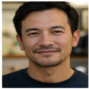 Ein Mann mit kurzen dunklen Haaren und hellen Bartstoppeln lächelt sanft in die Kamera. Er trägt ein dunkles Hemd, und der leicht verschwommene Innenhintergrund deutet auf einen Arbeitsbereich hin, perfekt für alle, die gründen oder Online-Meetings abhalten wollen.