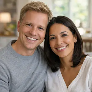 Ein lächelnder Mann und eine lächelnde Frau sitzen eng beieinander in einem Haus und schauen in die Kamera, während sie über ihre Finanzierungsgrundschuld sprechen. Der Mann hat kurzes blondes Haar und trägt einen grauen Pullover, während die Frau dunkles schulterlanges Haar hat und ein weißes Oberteil trägt.
