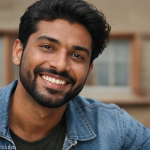 Ein junger Mann mit dunklen Haaren und einem Bart lächelt freundlich in die Kamera. Er trägt eine Jeansjacke über einem dunklen Hemd. Der Hintergrund ist leicht unscharf und zeigt einen Teil eines Gebäudes und ein Fenster - perfekt für ein Profilfoto eines Online-Notars.