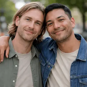 Zwei Männer stehen im Freien dicht beieinander und lächeln in die Kamera - vielleicht nachdem sie ihre Anmeldung beim Finanzamt nach Gründung abgeschlossen haben. Der eine hat lange helle Haare und ein grünes Hemd, der andere trägt eine blaue Jeansjacke. Der unscharfe Hintergrund zeigt Grünzeug.