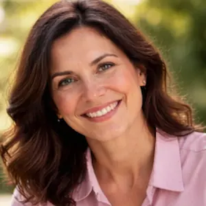 Eine Frau mit gewellten braunen Haaren und einem hellrosa Hemd mit Kragen lächelt freundlich in die Kamera, als sei sie bereit, notartermin mitzubringen, mit unscharfem grünem Laub im Hintergrund.