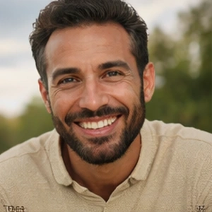 Ein Mann mit dunklem Haar und Bart lächelt warm in die Kamera, während er ein beiges Hemd trägt. Der Hintergrund, der mit grünem Laub und einem blassen Himmel leicht verschwommen ist, erinnert an die ruhige Professionalität eines Notars der Gesellschaft, der einen Liquidationsprozess überwacht.