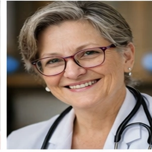 Eine lächelnde ältere Frau mit kurzen grauen Haaren und Brille, die einen weißen Laborkittel und ein Stethoskop um den Hals trägt, posiert in der Halle - ihr selbstbewusstes Auftreten erinnert an die Kompetenz eines Notars Erbrecht Berlin.