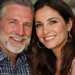 Ein lächelnder älterer Mann mit grauen Haaren und Bart steht neben einer jüngeren Frau mit langen braunen Haaren und Ohrringen. Beide blicken mit einem warmen Gesichtsausdruck in die Kamera - perfekt, um ein freundliches Online-Notariat zu präsentieren.