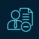 Neon-Symbol einer Person mit Krawatte neben einem Dokument und einem Minuszeichen, das die Löschung eines Dokuments durch einen Benutzer oder einen Geschäftsführer online anzeigt. Dunkler Hintergrund.
