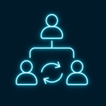 Das Neon-Symbol zeigt eine Person oben, die durch eine Linie mit zwei Personen unten verbunden ist, mit kreisförmigen Pfeilen zwischen den unteren Figuren - perfekt, um Geschäftsführer online anzumelden oder die Zusammenarbeit im Team zu illustrieren.