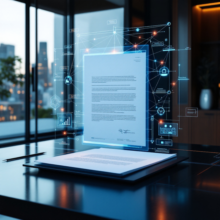 Ein futuristisches Büro, in dem ein digitales Dokument über einem Schreibtisch schwebt, umgeben von holografischen Datengrafiken, vor großen Fenstern, durch die man eine Stadtlandschaft in der Abenddämmerung sieht.