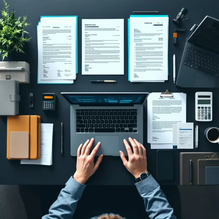 Eine Person sitzt an einem Schreibtisch mit einem Laptop, umgeben von Dokumenten, Ordnern, einem Smartphone, einem Taschenrechner, Stiften, einer Pflanze und ordentlich angeordnetem Büromaterial – und prüft sorgfältig Unterlagen, um mögliche Betrugsschreiben nach der Gründung zu identifizieren.