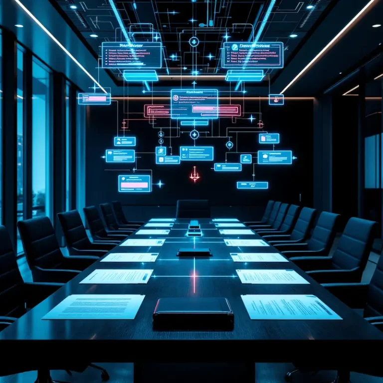 Ein moderner Konferenzraum mit einem langen Tisch, Unterlagen und digitalen holografischen Bildschirmen, auf denen Daten und Diagramme über dem Tisch schweben – ein Szenario, das an ein Hightech-Geschäftstreffen erinnert, bei dem vielleicht sogar Themen wie „Betrugsschreiben nach der Gründung“ analysiert werden, um die Sicherheit neu gegründeter Unternehmen zu gewährleisten.