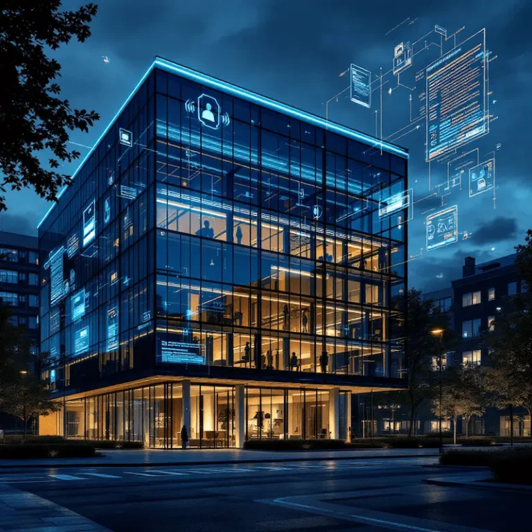 Ein modernes Bürogebäude aus Glas bei Nacht, das mit blauen digitalen Symbolen und Datenprojektionen leuchtet und damit Cybersicherheit und Technologie symbolisiert, mit den Silhouetten von Menschen im Inneren.