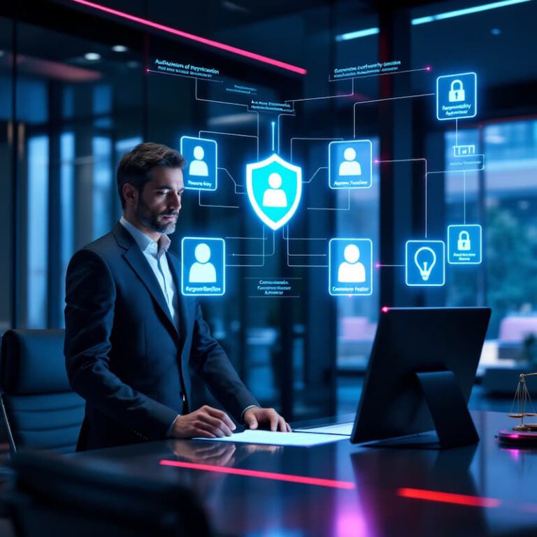 Ein Mann im Anzug steht an einem Schreibtisch mit einem Computer und betrachtet virtuelle Darstellungen von Cybersicherheitssymbolen und Benutzerprofilen, die den Datenschutz in einem modernen Büro veranschaulichen.