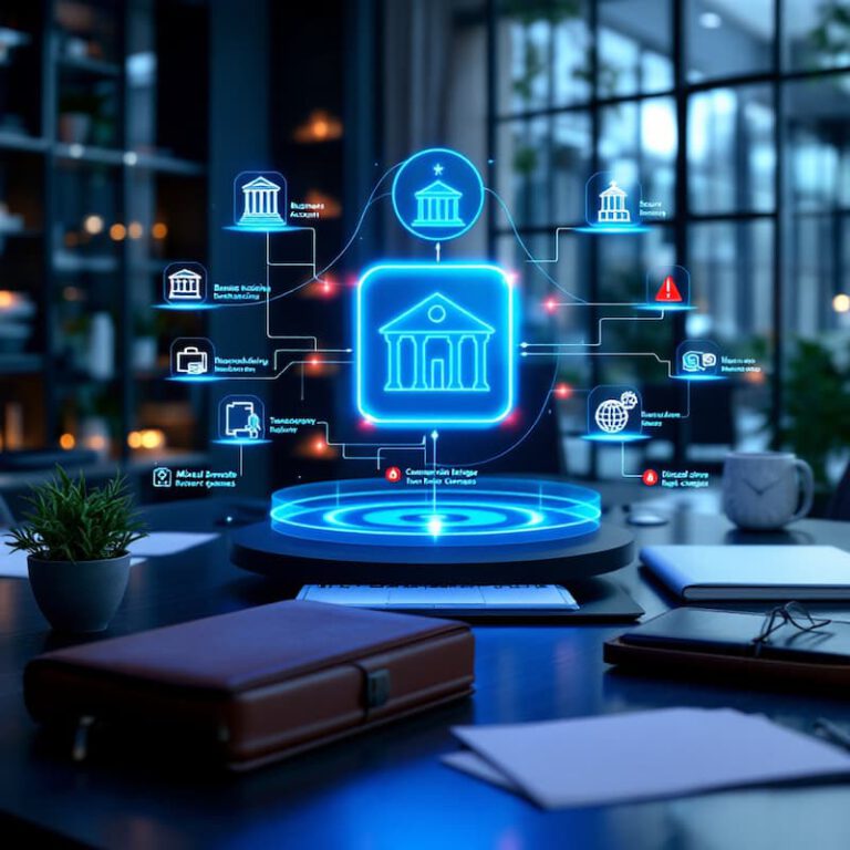 Ein futuristischer Schreibtisch mit Symbolen aus dem digitalen Bankwesen und einem leuchtenden Bank-Hologramm, das für Online-Banking, Finanztechnologie und die reibungslose Erledigung von Aufgaben wie dem „Fragebogen zur steuerlichen Erfassung“ steht, umgeben von Notebooks, Stiften und Pflanzen in einem modernen Arbeitsbereich.