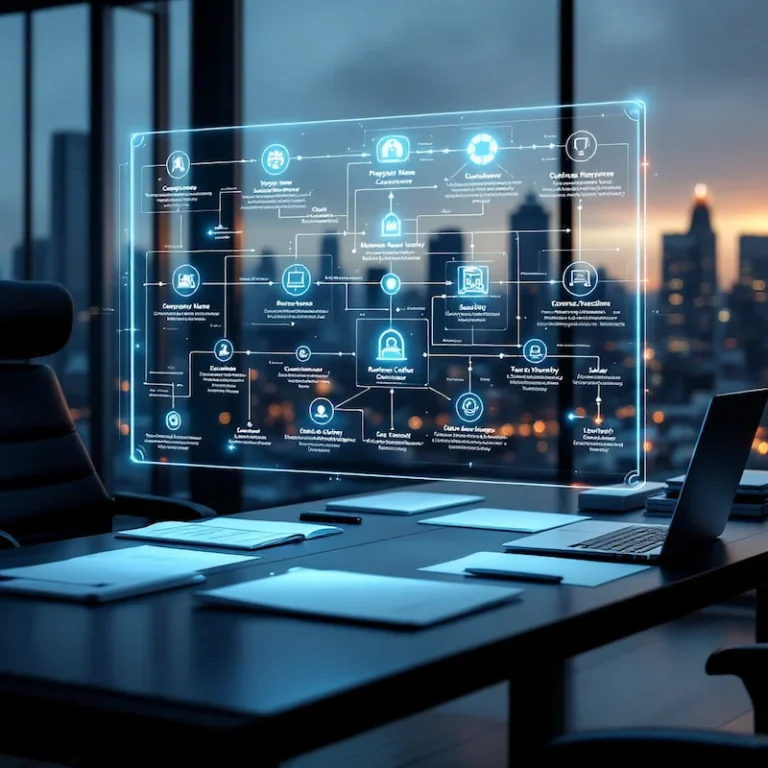 Ein modernes Büro mit großen Fenstern und Blick auf die Stadtlandschaft, in dem über einem Schreibtisch mit Laptops und Unterlagen ein futuristischer, transparenter Bildschirm mit einem digitalen Flussdiagramm zu sehen ist. Der Raum ist schwach beleuchtet, wodurch das leuchtende Display besonders hervorsticht, auf dem wichtige Fragen zur Gründung einer GmbH angezeigt werden, die Unternehmer bei der Planung ihrer geschäftlichen Vorhaben berücksichtigen sollten.