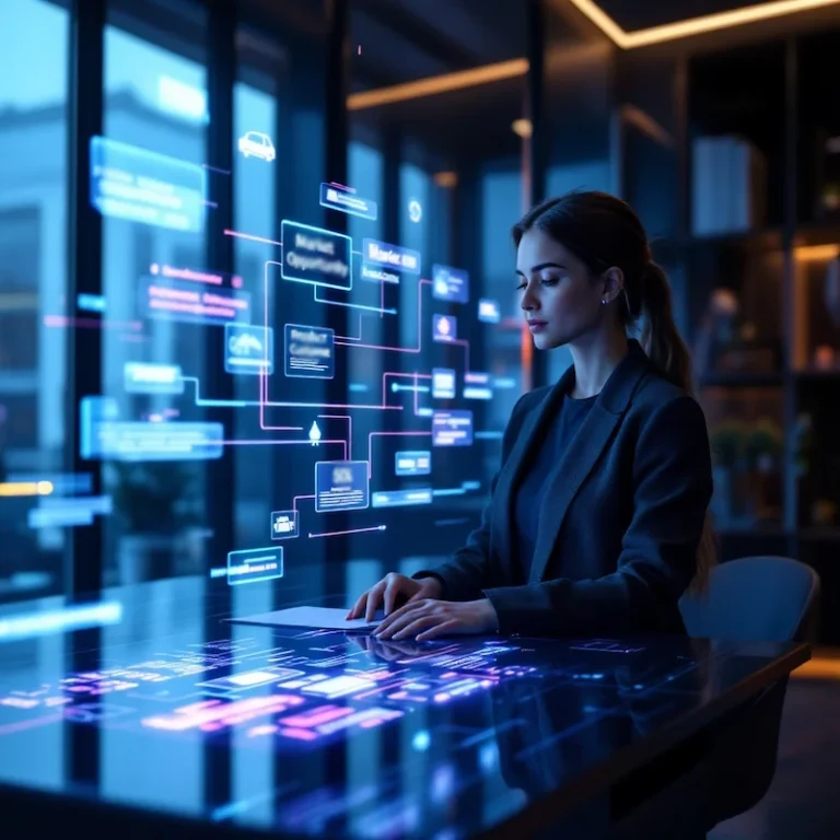 Eine Frau in Business-Kleidung bedient in einem modernen Büro mit den Lichtern der Stadt im Hintergrund einen futuristischen Touchscreen-Schreibtisch, auf dem digitale Diagramme, Daten zum Thema „GmbH gründen“ sowie Netzwerkdiagramme angezeigt werden.