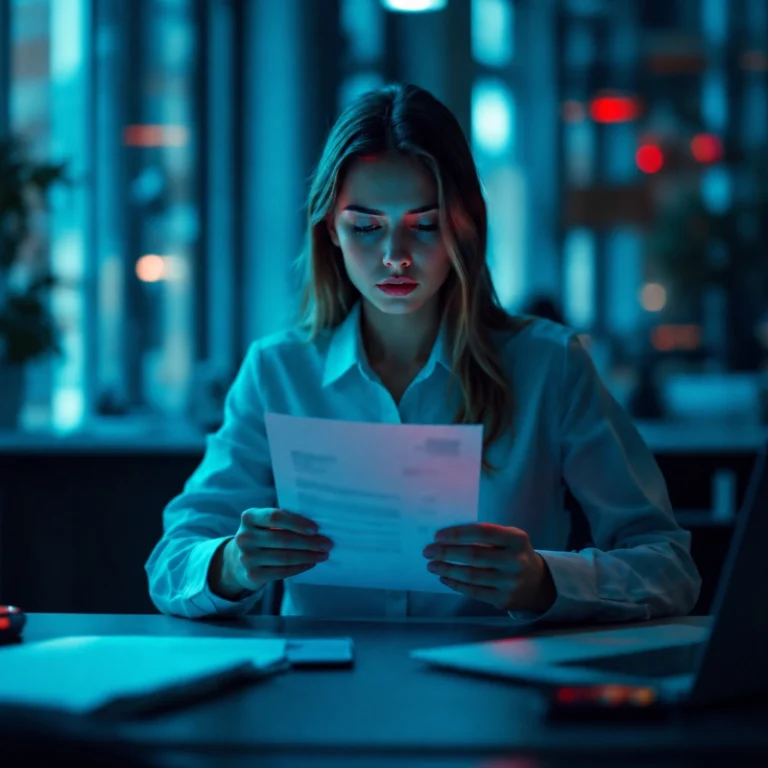 Eine Frau in einem weißen Hemd sitzt an einem Schreibtisch in einem schwach beleuchteten Büro und liest unter blaustichigem Licht „Post nach der Gründung“, im Hintergrund sind ein Laptop und verschwommene Lichter der Stadt zu sehen.