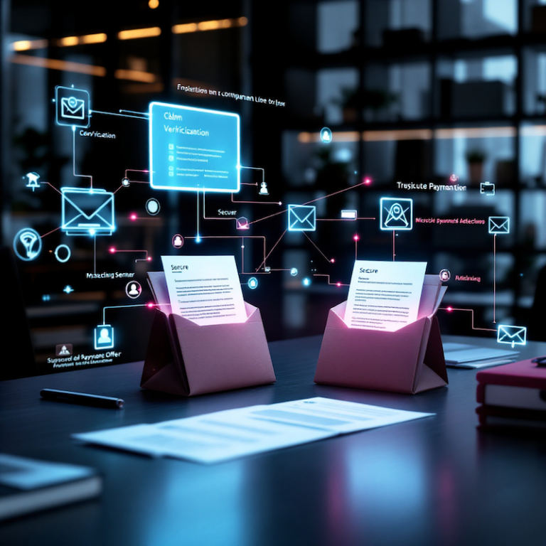 Zwei Dokumentenhalter auf einem Schreibtisch, über denen digitale Symbole und Diagramme schweben, die für sichere Datenübertragung und -überprüfung in einer modernen Büroumgebung stehen – ideal für die effiziente Verwaltung von „Post nach der Gründung“.