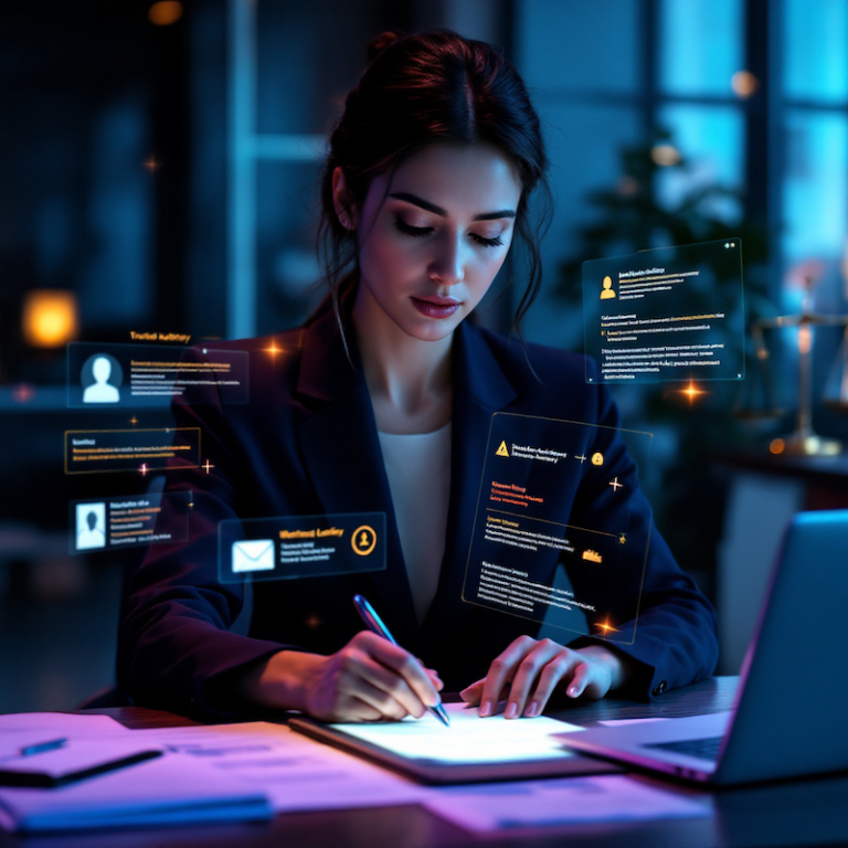 Eine Frau arbeitet an einem Schreibtisch mit einem Laptop in einem modernen Büro, umgeben von Grafiken mit digitalen Daten und leuchtenden Benachrichtigungen, die für Technologie und Datenanalyse in den ersten Wochen nach der Gründung stehen.