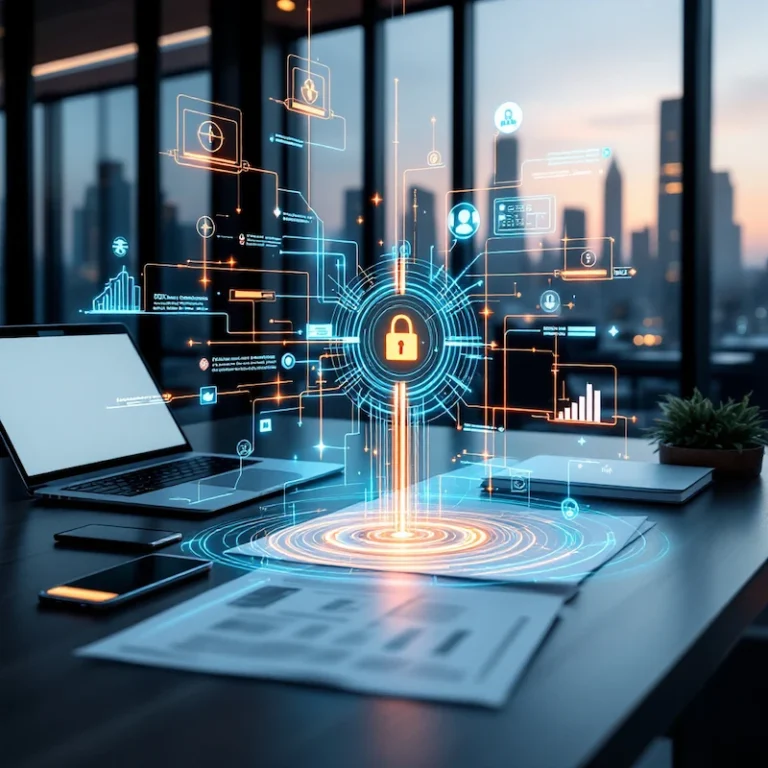 Ein moderner Schreibtisch mit Laptops, Smartphone, Unterlagen und einem digitalen Vorhängeschloss-Hologramm, das für Cybersicherheit steht – unverzichtbar in der heutigen Welt, in der Fragen wie „Warum Banken GmbHs prüfen“ immer wichtiger werden. Im Hintergrund ist durch große Fenster eine Stadtlandschaft zu sehen.