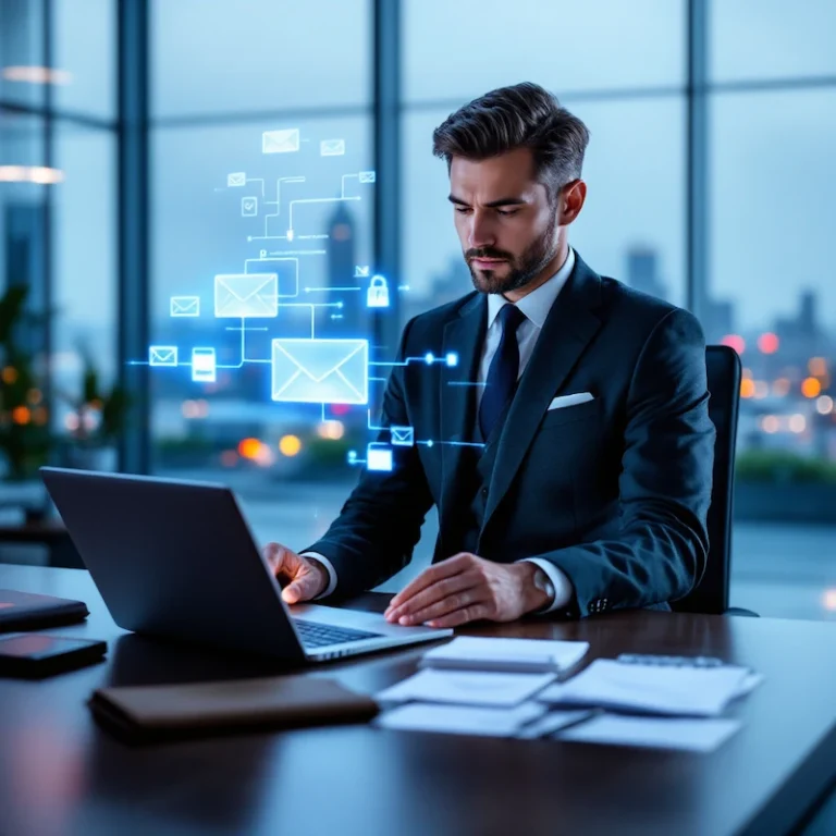 Ein Mann im Anzug arbeitet an einem Schreibtisch in einem modernen Büro an einem Laptop, um ihn herum schweben digitale E-Mail-Symbole – vielleicht analysiert er gerade Daten, um die Frage zu beantworten: „Warum Banken GmbHs prüfen“. Im Hintergrund sind durch große Fenster die Lichter der Stadt zu sehen.