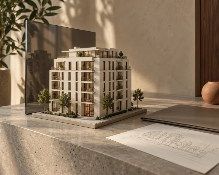 Architectural model of a residential building with plans and a laptop on a stone table