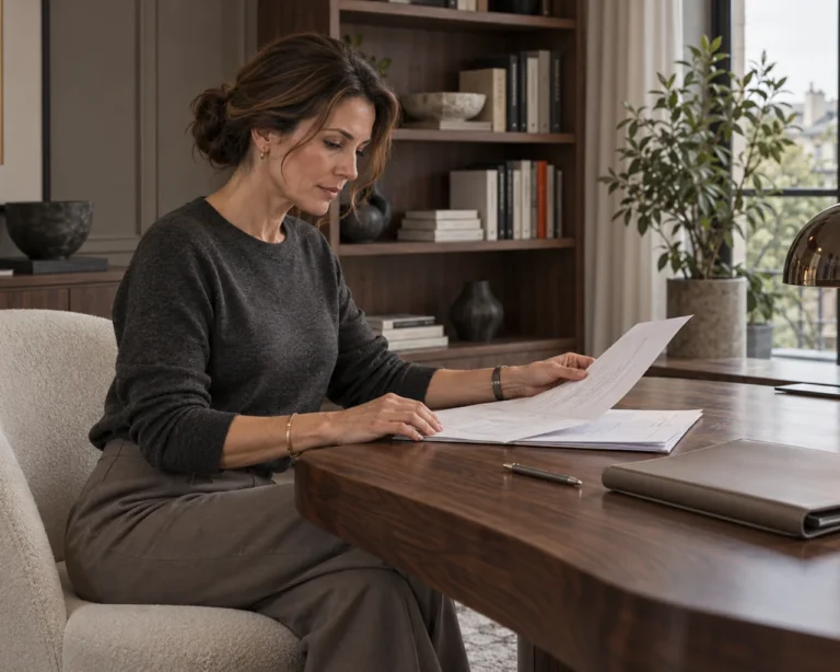 Woman at a wooden desk reading contract documents in a modern office