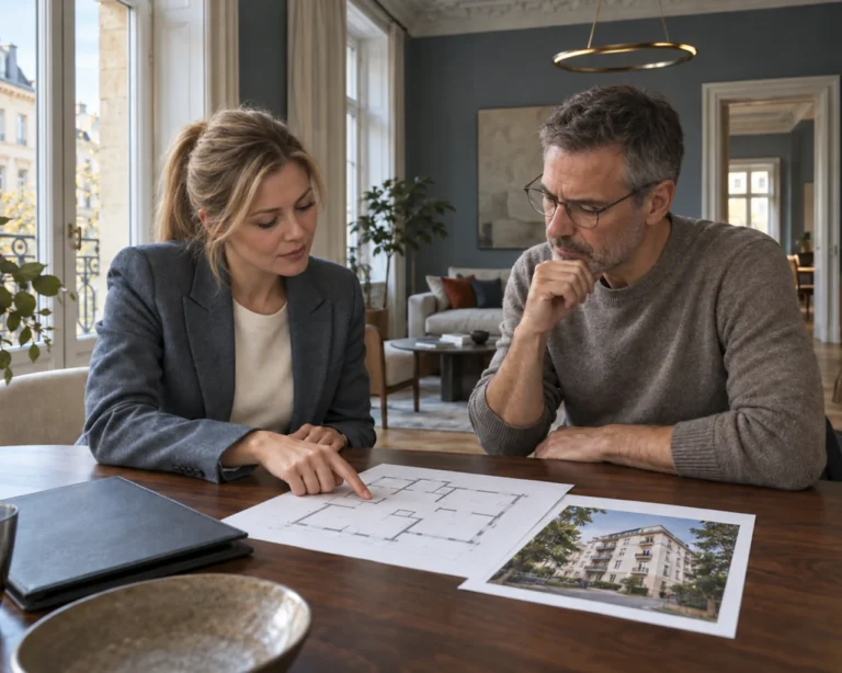 Eine Frau und ein Mann sitzen an einem Tisch, sehen sich eGbR-Grundrisse und ein Foto des Gebäudes an und besprechen Immobilien- oder Architekturpläne in einem hell beleuchteten, modernen Büro.
