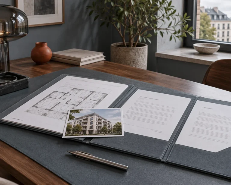 Ein Schreibtisch mit eGbR-Bauplänen, einem Foto eines Wohnhauses, Unterlagen, einem Stift und Dekorationsgegenständen wie Büchern, einer Lampe und einer Pflanze in der Nähe eines Fensters mit Blick auf die Gebäude der Stadt.