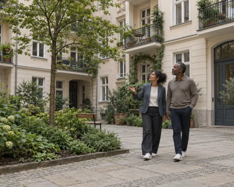 A couple walking through the courtyard of a period apartment building in Berlin