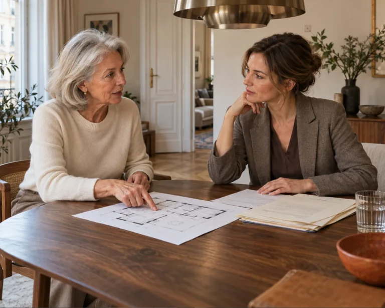 Mother and daughter discussing the floor plan of a flat at the dining table
