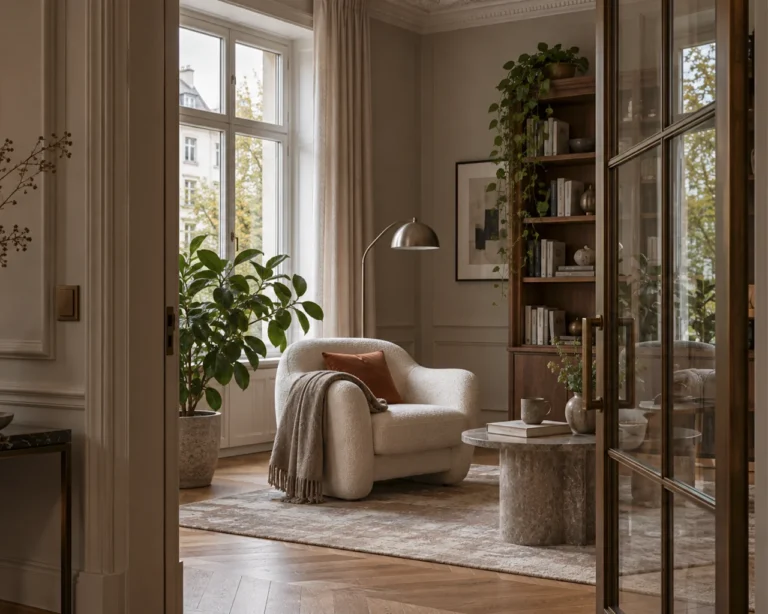 Living room of a period apartment with armchair, floor lamp and bookshelf
