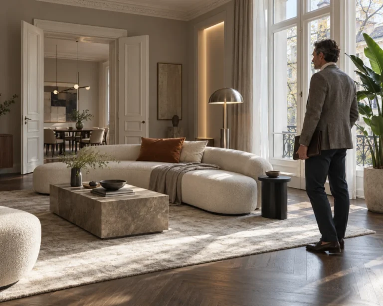 Ein Mann steht in einem modernen, eleganten Wohnzimmer mit einem geschwungenen Sofa, einem Couchtisch aus Marmor, großen Fenstern und einer dezenten Einrichtung – perfekt für alle, die auf die Nebenkosten in Berlin achten. Das einfallende Licht unterstreicht den stilvollen, gemütlichen Raum und gewährt einen Blick auf den dahinter liegenden, geschmackvoll eingerichteten Essbereich.