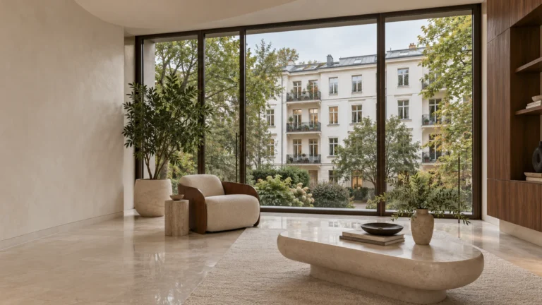 Modernes Wohnzimmer mit großen Fenstern, neutraler Einrichtung, einem geschwungenen Sessel, einem niedrigen Couchtisch, Zimmerpflanzen und Blick auf das weiße Gebäude einer Vermögensverwaltungs-GmbH mit Balkonen und üppigem Grün im Außenbereich.