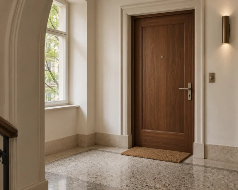 Ein gepflegter Flur mit einer großen Holztür – möglicherweise mit Vorkaufsrecht –, einer Fußmatte, einem sonnendurchfluteten Fenster und einer an der Wand montierten Leuchte. Der polierte Steinboden verleiht dem Raum Eleganz.